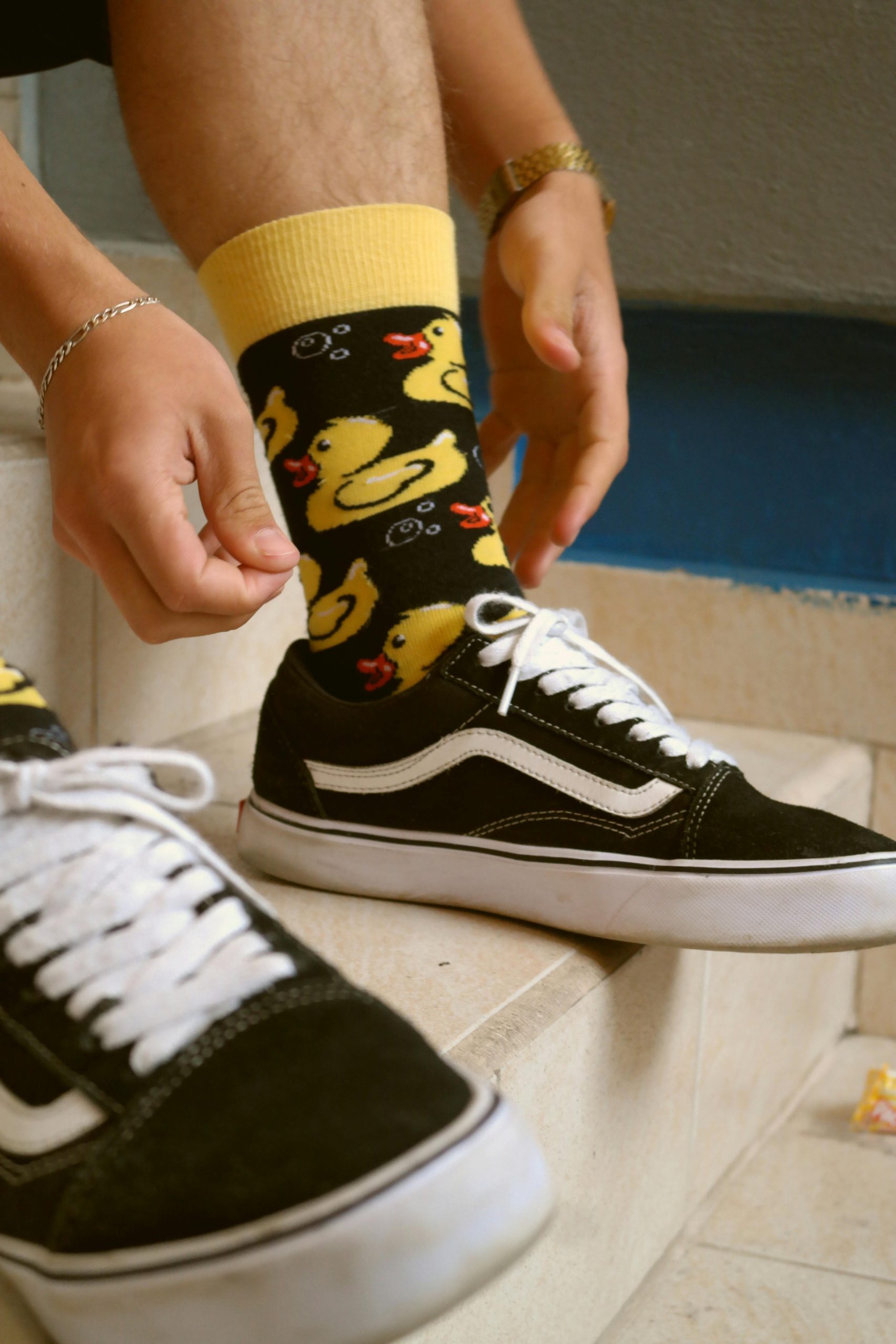 chaussettes tricotées avec dessins de canards